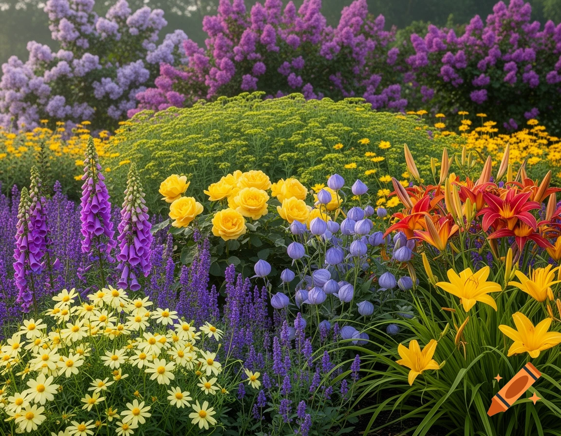 A vibrant garden bursting with colorful purple foxgloves, yellow roses, blue balloon flowers, and red and yellow lilies in full bloom.