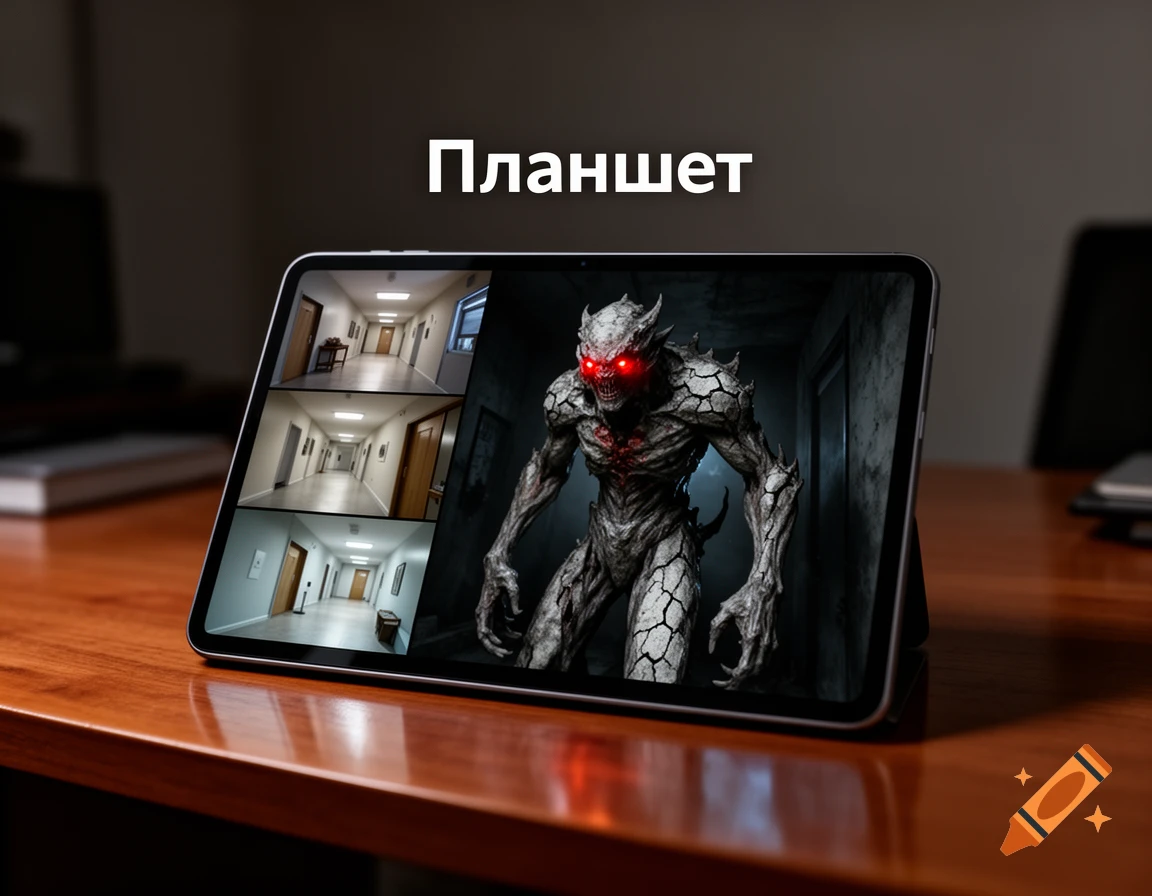 A tablet on a wooden desk displays a monster with red eyes on its main screen, flanked by three smaller views of empty hallways. The word "Планшет" is above the tablet.