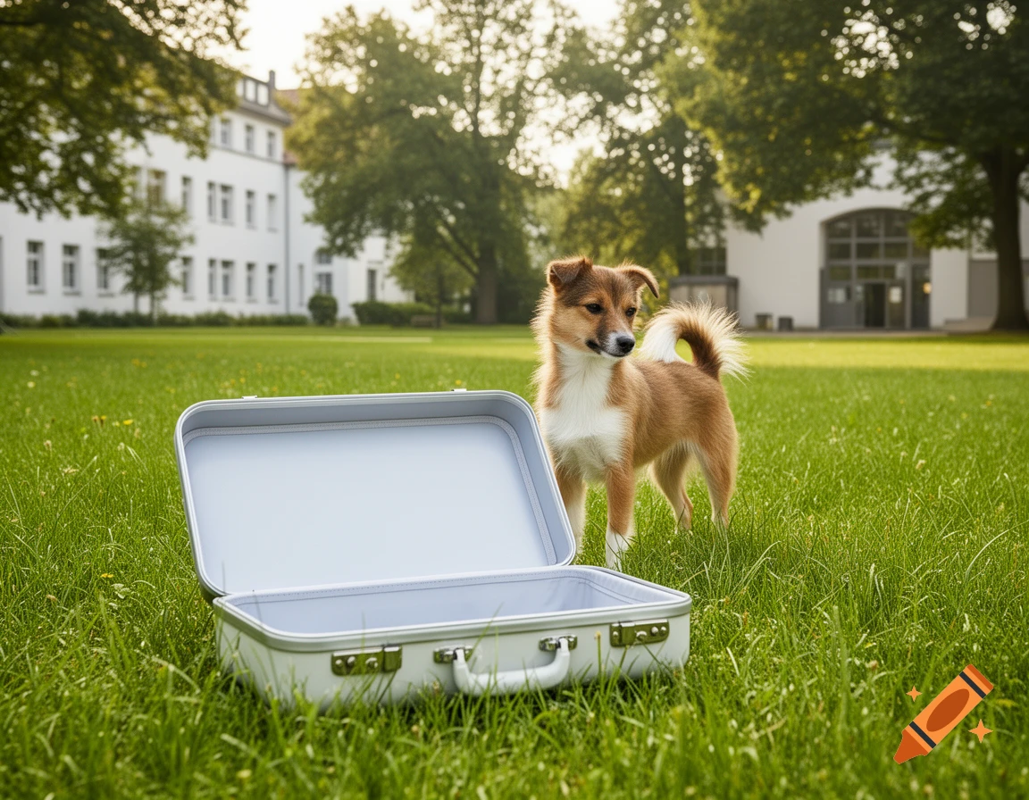 A fluffy brown and white puppy stands next to an open, empty white suitcase on a green lawn with white buildings in the background.