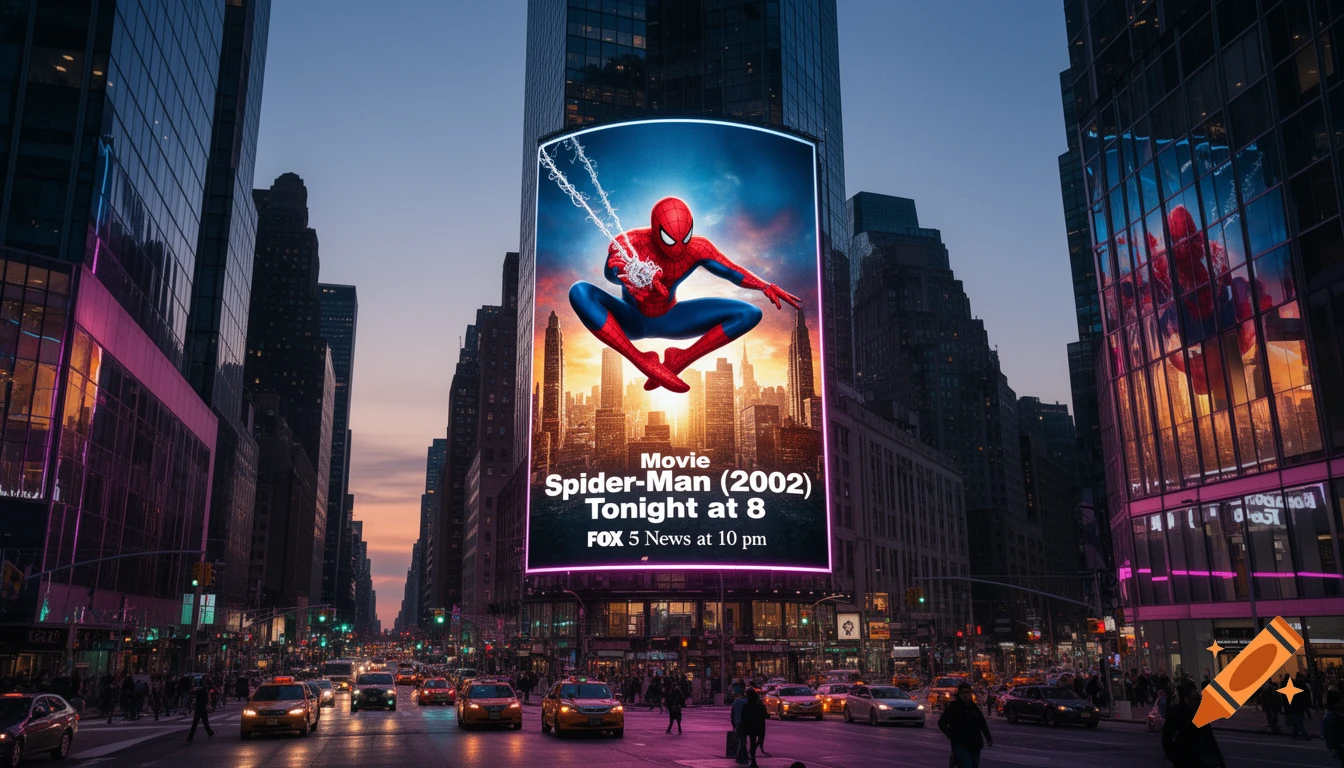 Photorealistic Spider-Man billboard in a bustling city street at dusk, displaying movie times.