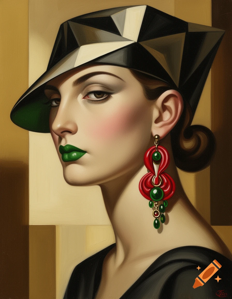 Art Deco oil painting of a woman in profile wearing a geometric hat, green lipstick, and large red and green earrings.