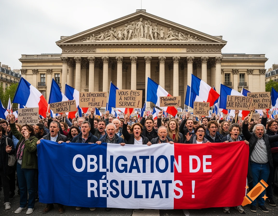A large crowd of angry French protestors holding flags and signs in front of the Assemblée Nationale in Paris, demanding results.