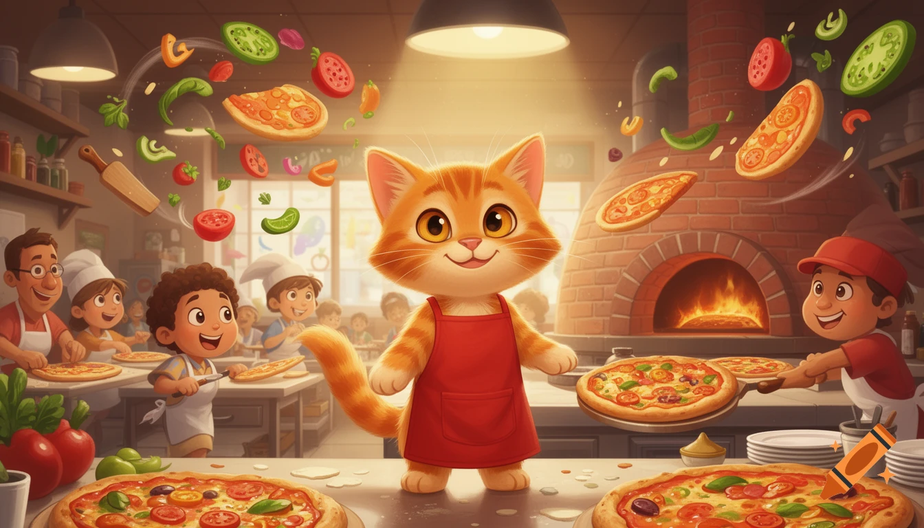 A smiling orange cartoon cat wearing a red apron stands in a busy pizza restaurant where children and adults are making pizzas.