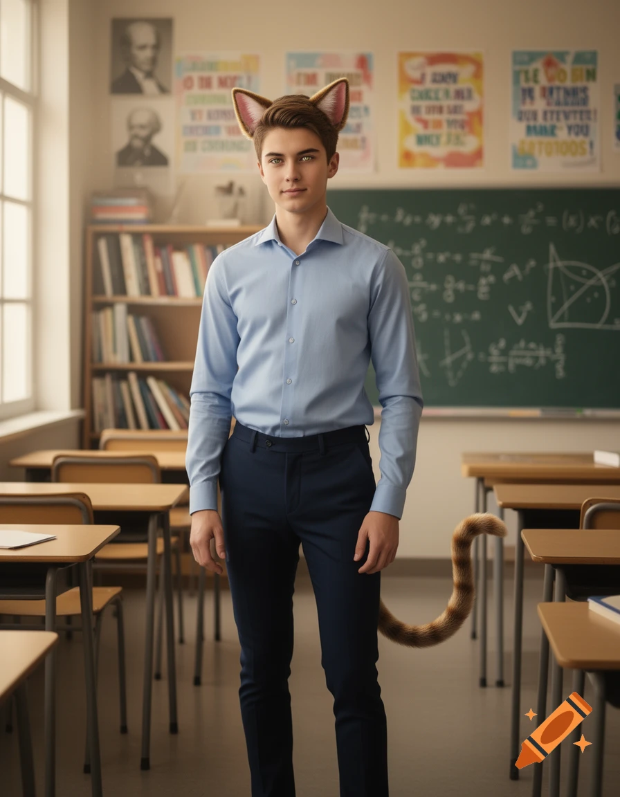 A young man with cat ears and a tail stands in a classroom, wearing a light blue shirt and dark pants.