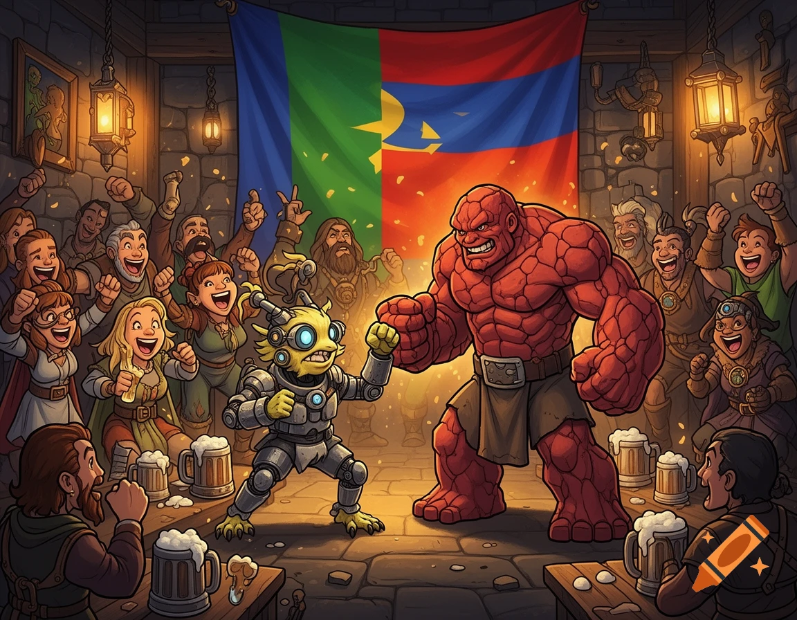 Cartoon fantasy characters in a tavern, with a large red monster and a small yellow robot-like creature engaged in a fist fight, surrounded by cheering onlookers under a flag.