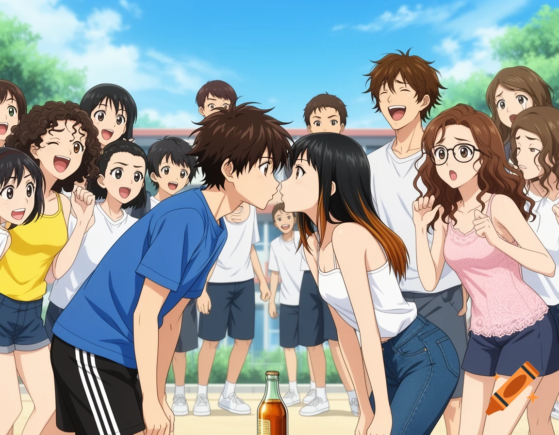 Anime style image of a boy and girl about to kiss, surrounded by a cheering crowd of teenagers outdoors.