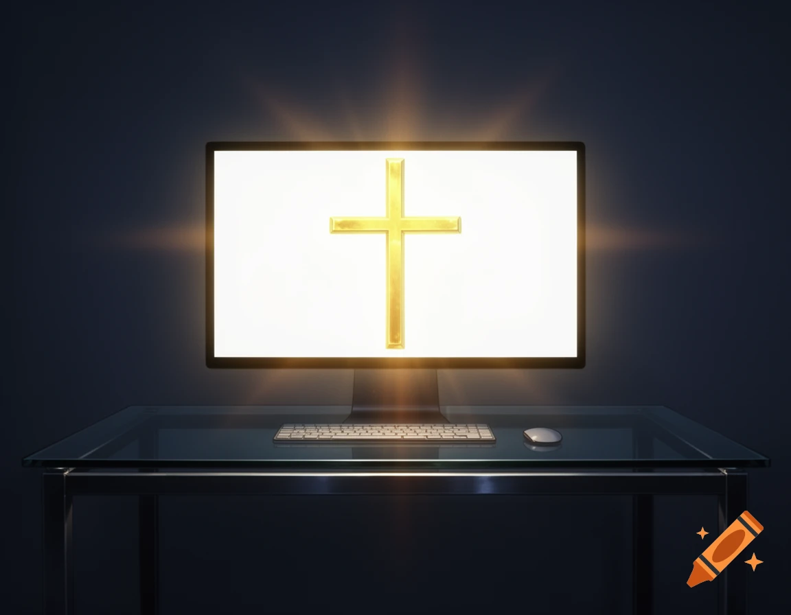 A golden Latin cross glows brightly on a computer monitor on a glass desk in a dark room, rendered in a cinematic anime style.