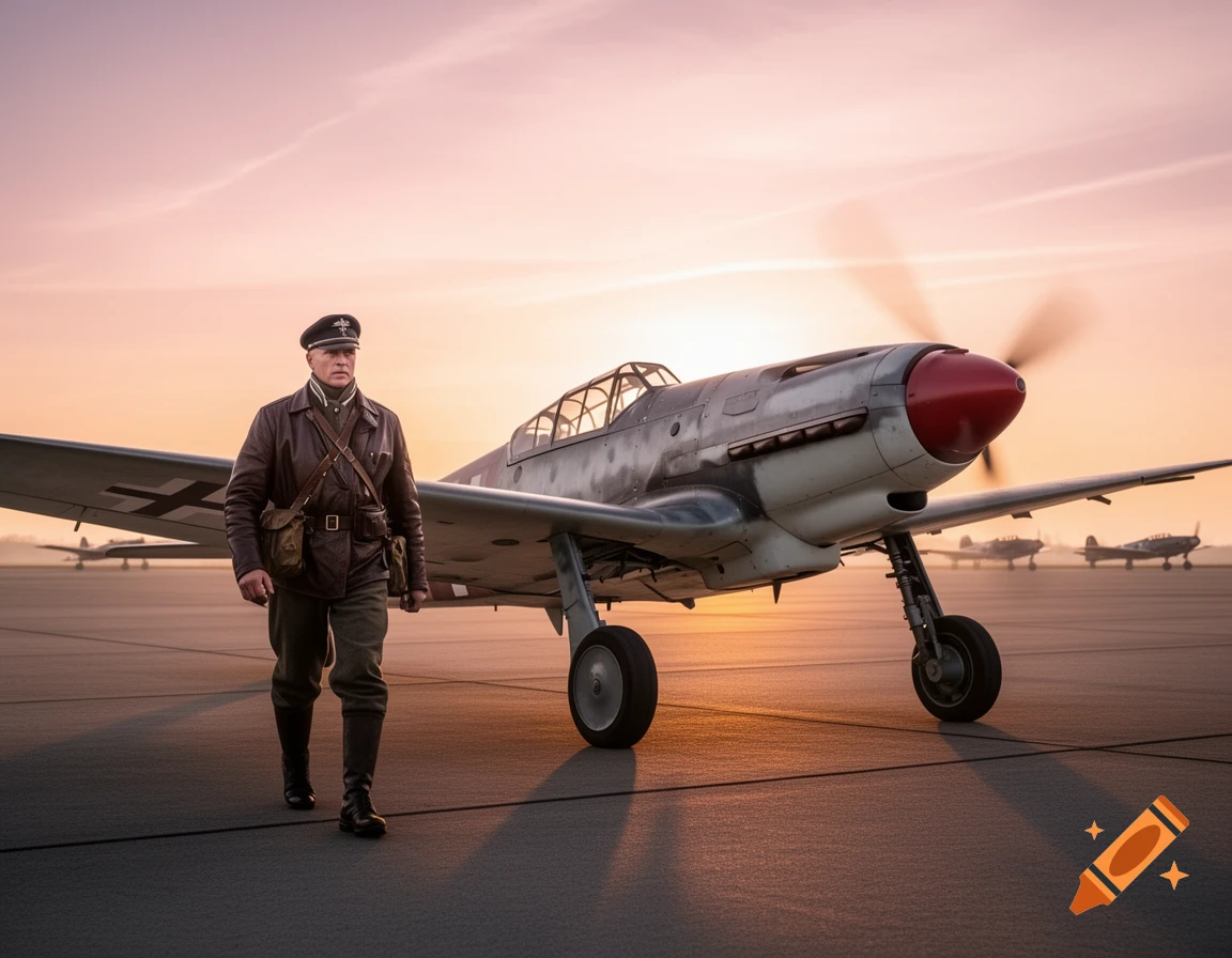 A man in a brown leather pilot's jacket and cap walks on an airfield at sunrise next to a vintage fighter plane with a red propeller nose cone, with other planes in the background.