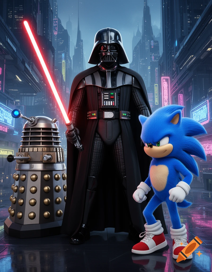 Darth Vader, Sonic, and a Dalek stand together in a vibrant, neon-lit futuristic city.