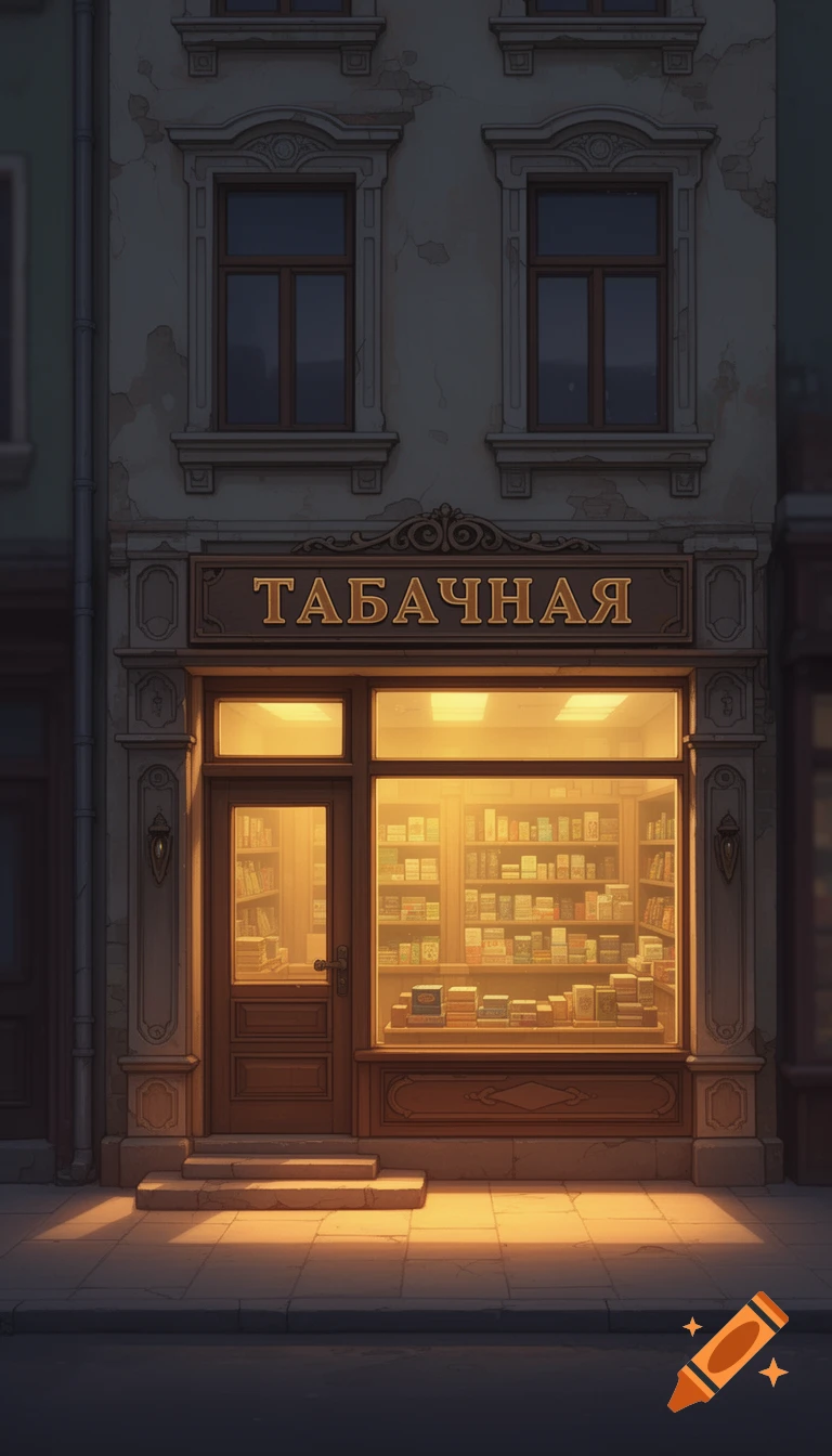 A stylized 2D game background of an old tobacco shop at dusk, with a sign reading "ТАБАЧНАЯ" and warm yellow light glowing from its window.