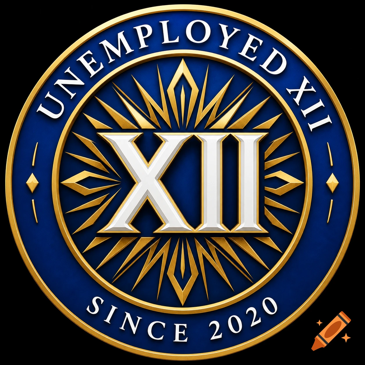 A blue, gold, and white circular logo reads "UNEMPLOYED XII" at the top, "SINCE 2020" at the bottom, and a large Roman numeral XII in the center.