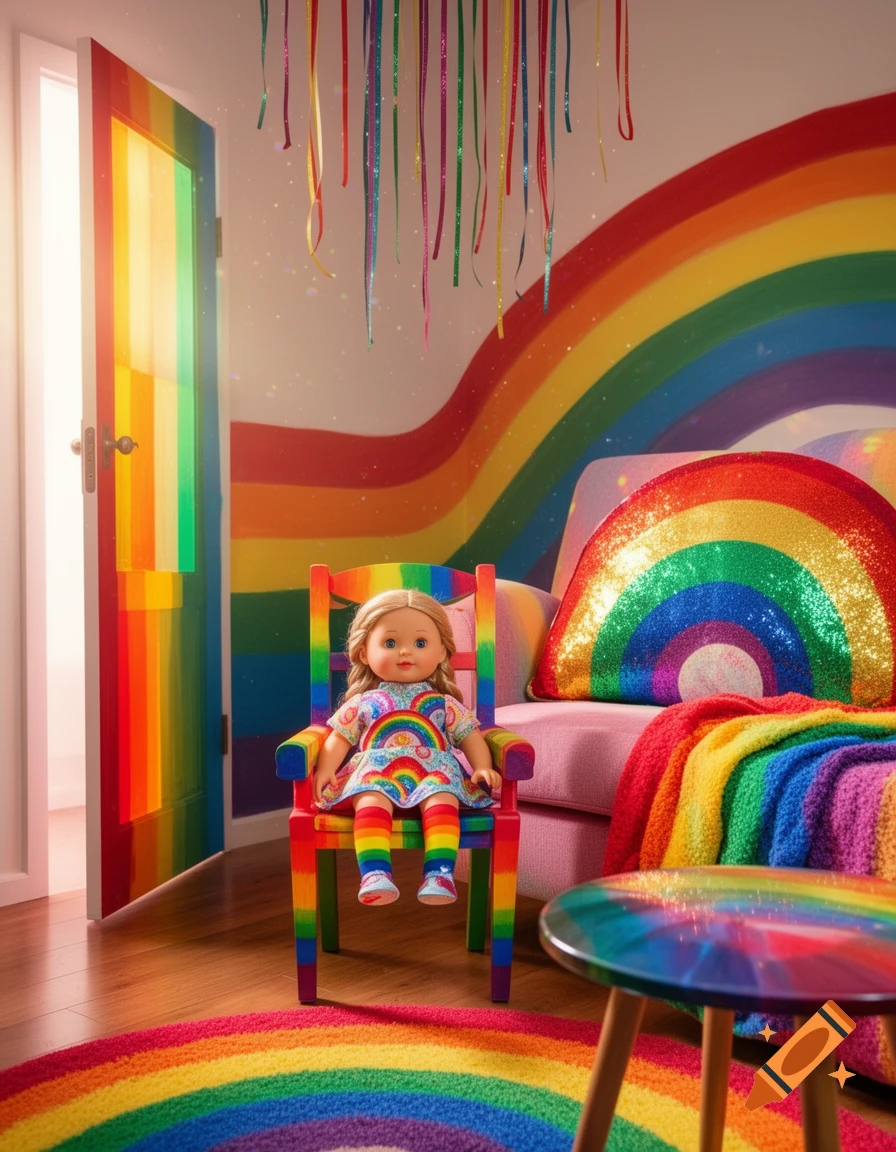 A blonde doll sits on a rainbow chair in a vibrant rainbow-themed room with a rainbow wall, door, rug, pillow, and blanket.
