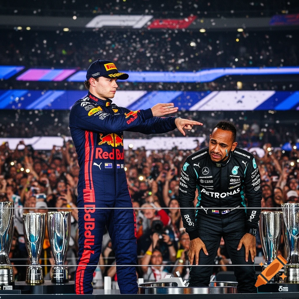 Max Verstappen points at a dejected Lewis Hamilton on a podium with trophies and confetti falling, surrounded by a crowd.