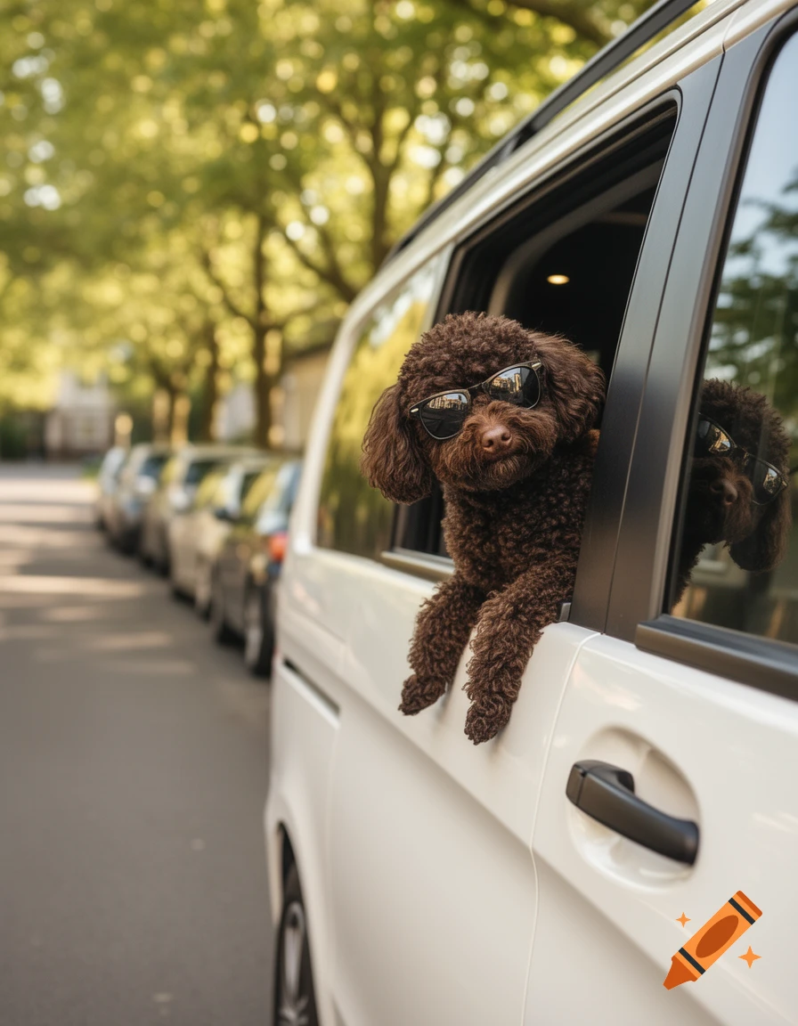 A cute brown poodle wearing sunglasses looks out the window of a white van, parked on a tree-lined street.
