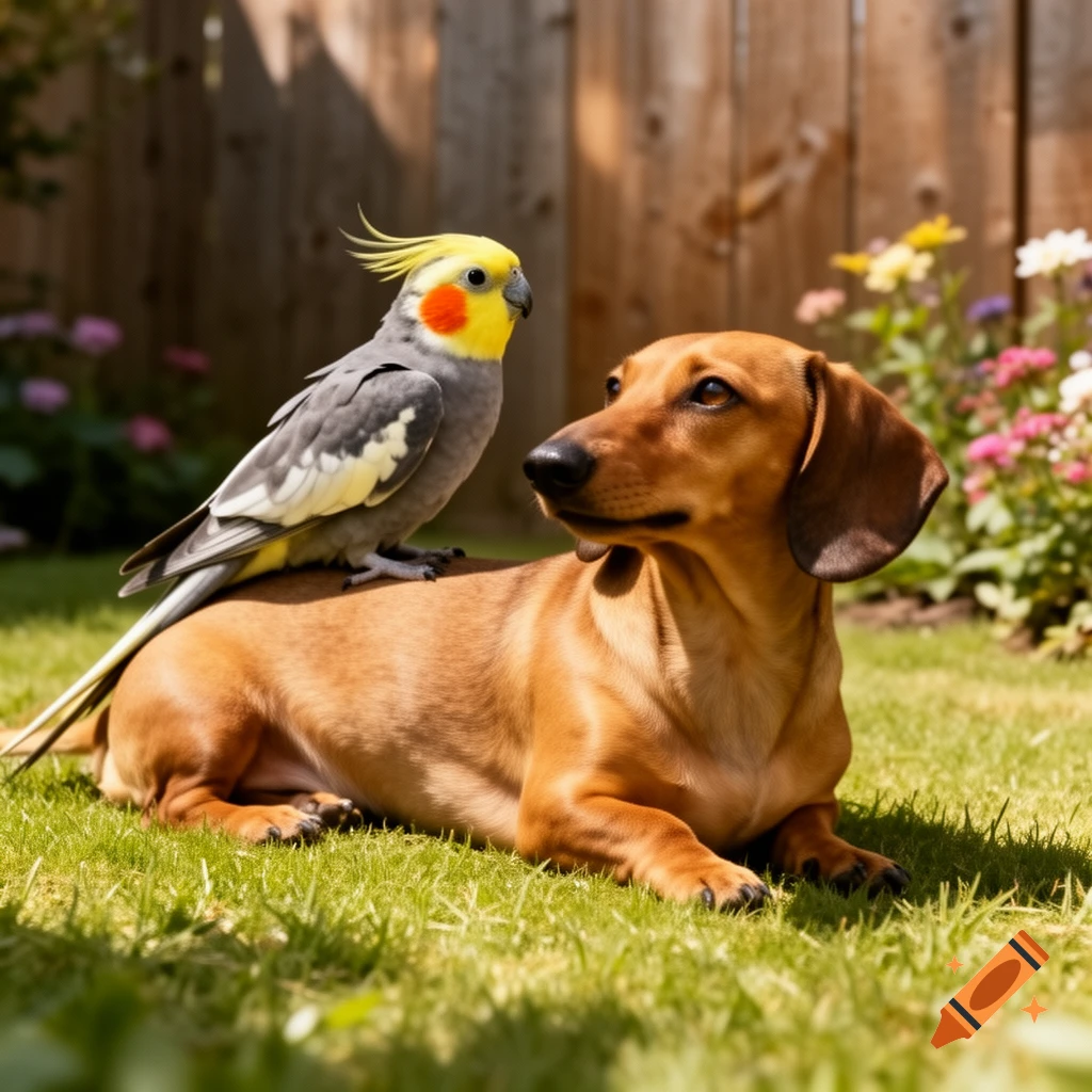 Photorealistic dachshund with a cockatiel on its back, lying on green grass in a sunny garden.