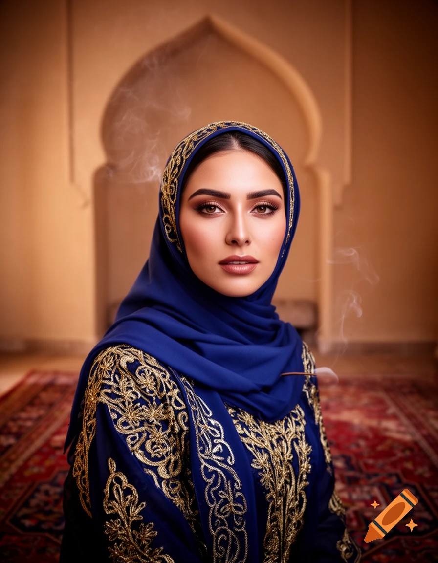 A beautiful Arabic woman in a blue hijab and gold embroidered traditional dress, standing in an ornate room with an arched doorway and red rug, holding an incense stick.