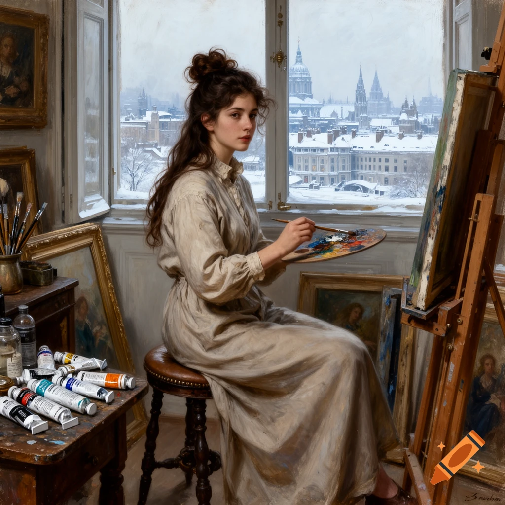 A young woman with dark hair in a studio, pausing from painting an oil canvas, with a snowy city skyline outside the window, in a photorealistic oil painting style.