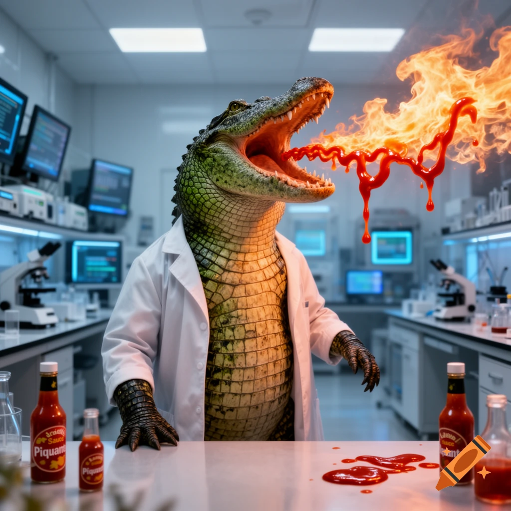 A photorealistic crocodile wearing a white lab coat stands in a brightly lit laboratory, spewing fire and red hot sauce from its open mouth, with hot sauce bottles on the counter.