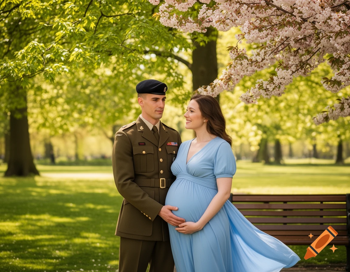 A military man in uniform stands with a pregnant woman in a blue dress in a park with flowering trees.
