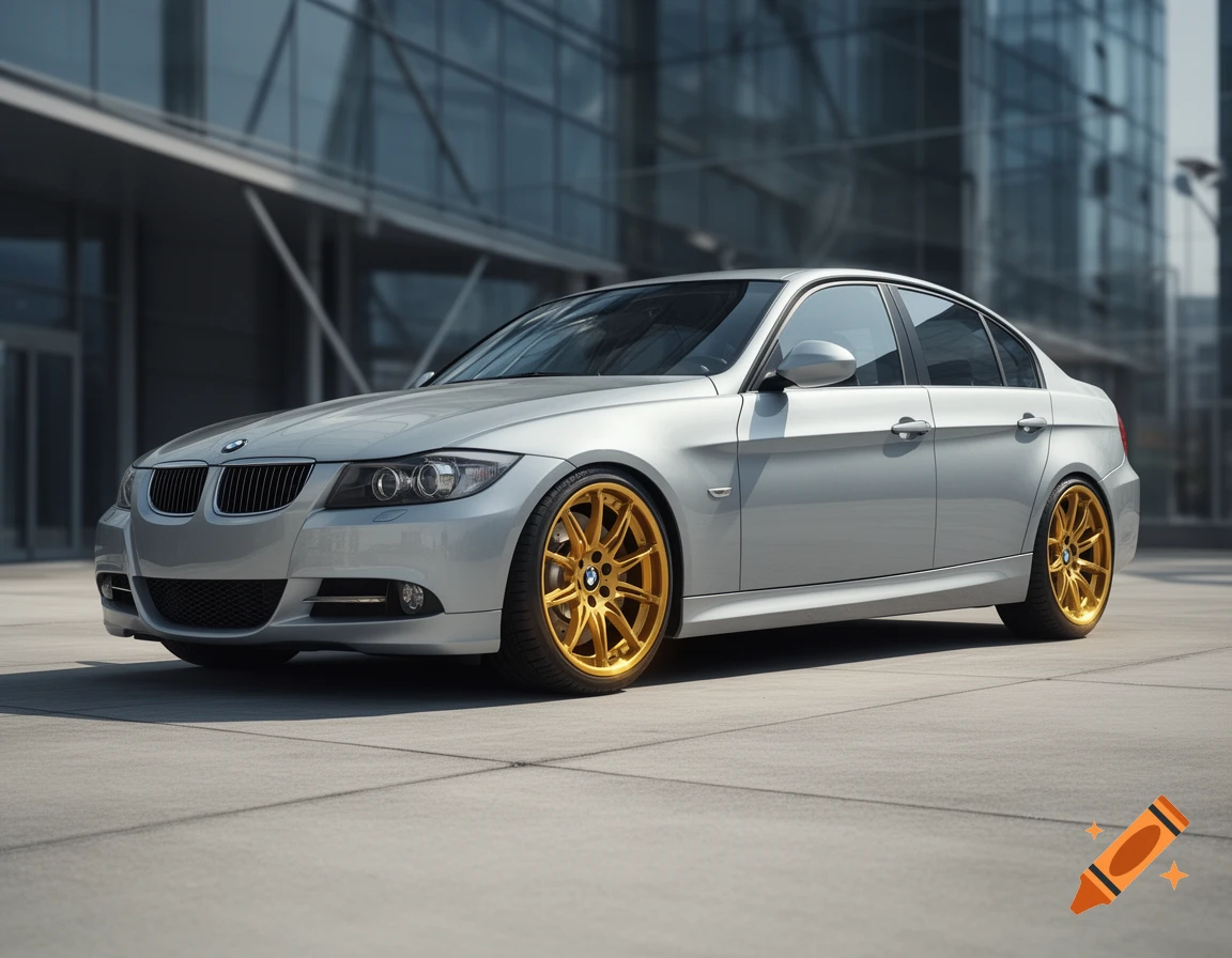 A silver BMW sedan with golden multi-spoke wheels parked on a paved surface in front of a modern glass building.
