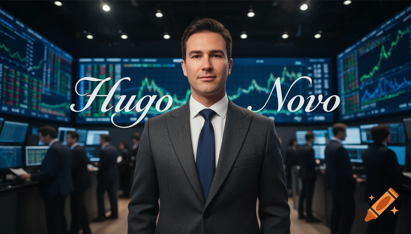 Photorealistic image of a confident man in a suit at a modern stock exchange, with "Hugo Novo" text and financial charts in the background.