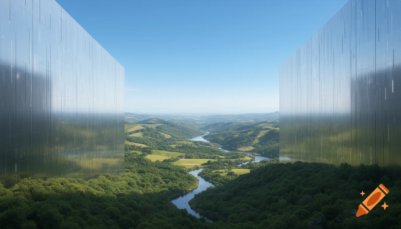 A winding river flows through a lush green valley, framed by two towering, reflective, futuristic metallic walls under a clear blue sky.