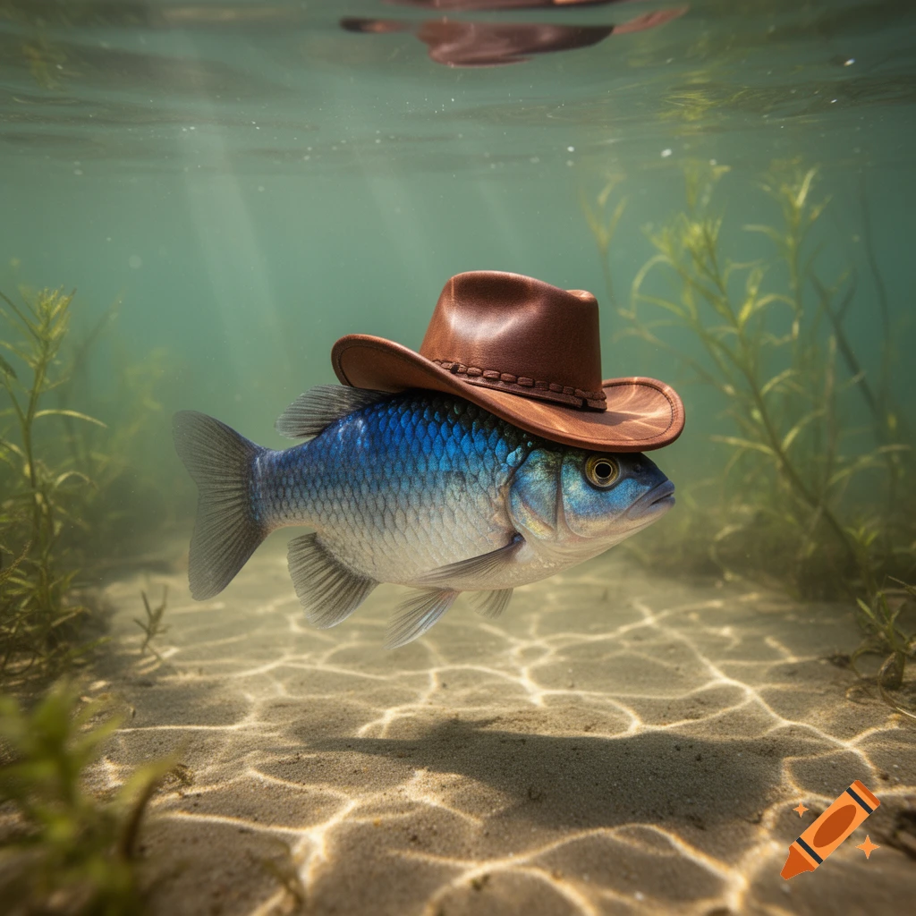 A photorealistic image of a blue and silver fish wearing a brown cowboy hat, swimming underwater above a sandy bottom with green plants.