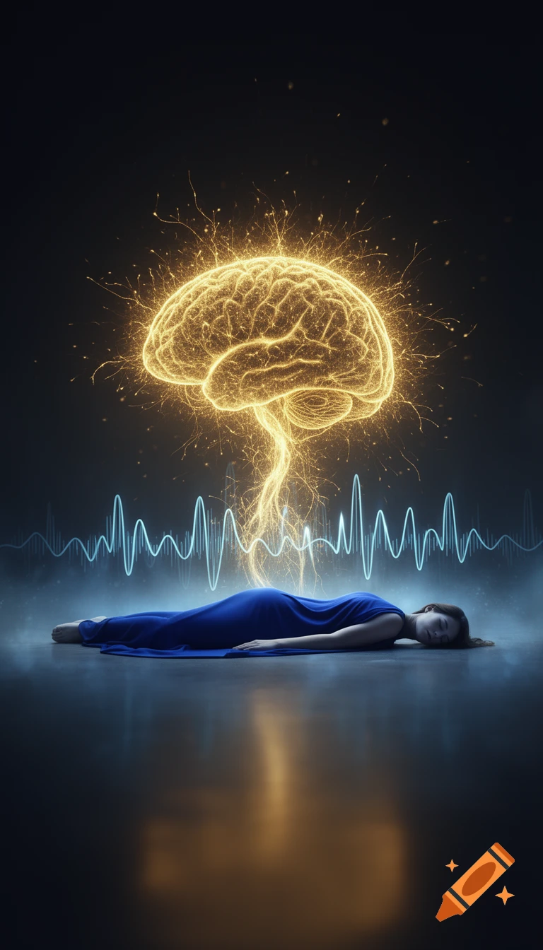 A figure lies on a reflective surface below a glowing, sparking golden brain and blue EEG waves.