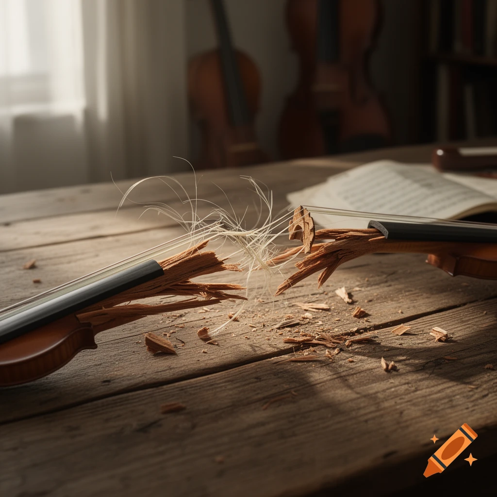 Photorealistic image of a broken violin bow in splinters on a rustic wooden table with blurred violins in background.