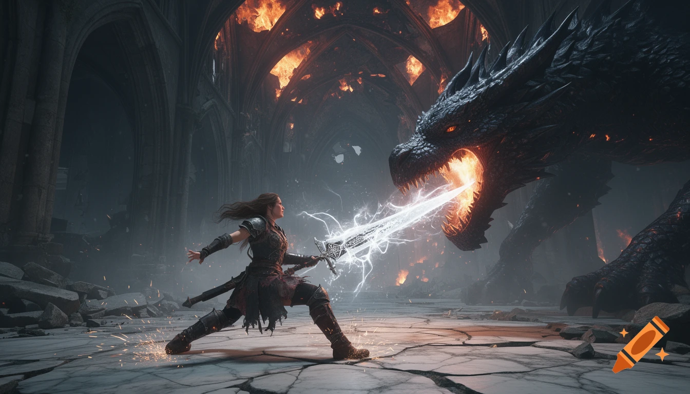 A female warrior deflects white-hot plasma from a colossal black dragon with a glowing sword in a burning, ruined cathedral in a dramatic, photorealistic style.