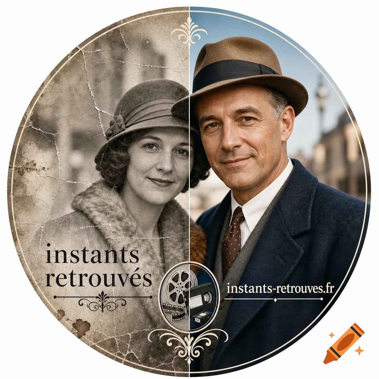 Circular logo split in two: left is a cracked, sepia-toned vintage portrait of a woman with 'instants retrouvés', right is a clear color portrait of a man with 'instants-retrouves.fr' and a film reel.