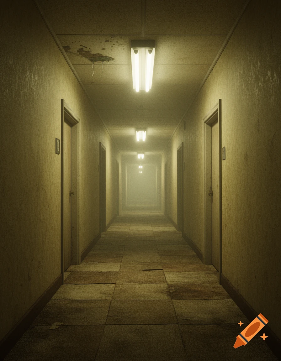 A long, dimly lit, dirty hallway with fluorescent lights, closed doors, and a foggy, distant end, evoking a backrooms aesthetic.