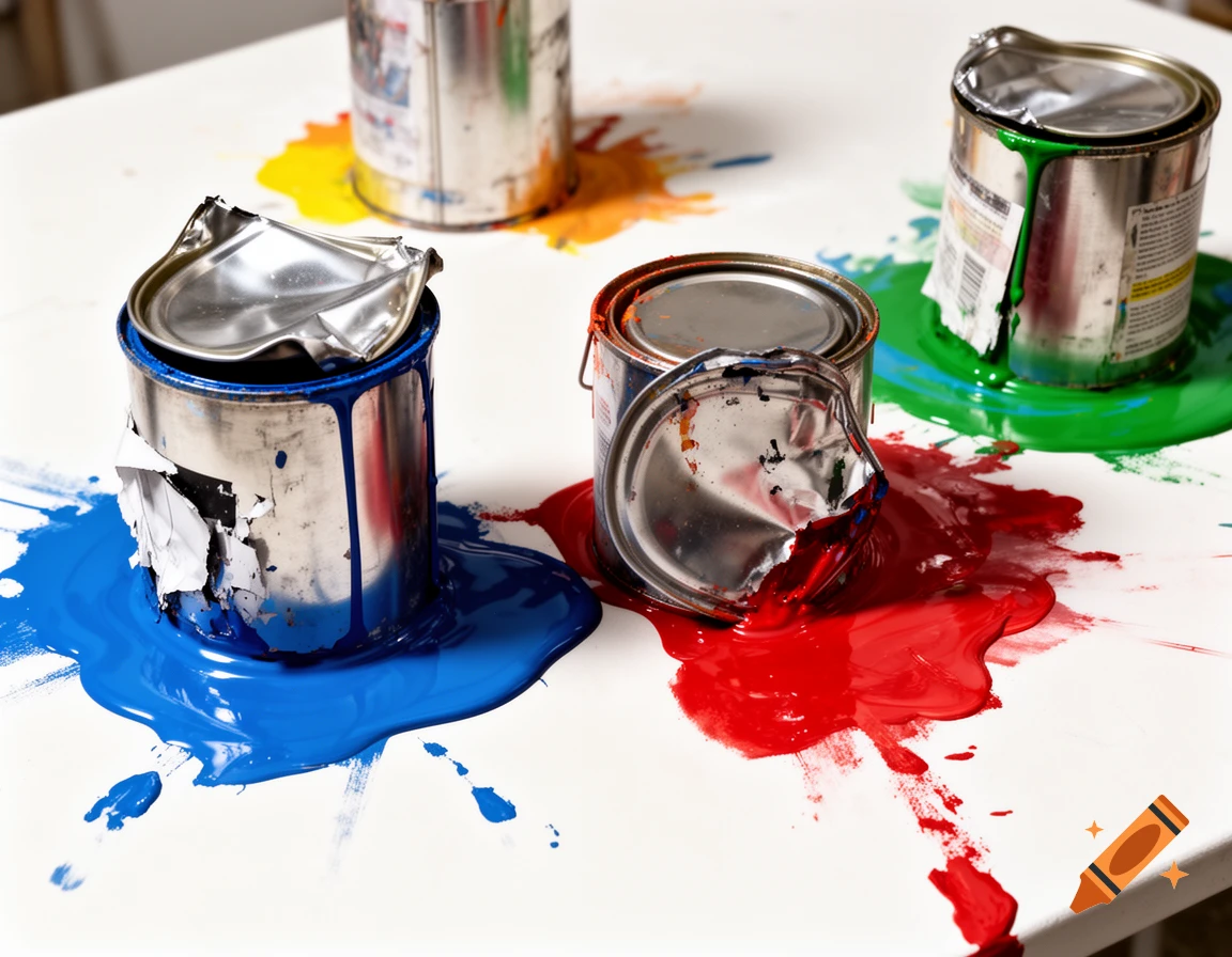 Metallic paint cans, some partially open and crushed, spilling blue, red, green, and yellow paint onto a white surface in a chaotic, photorealistic scene.