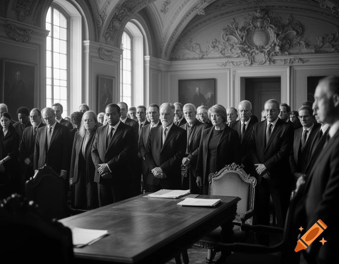 A black and white photo shows a large group of somber people in suits and formal attire standing in an ornate hall, with a long wooden table in the foreground.