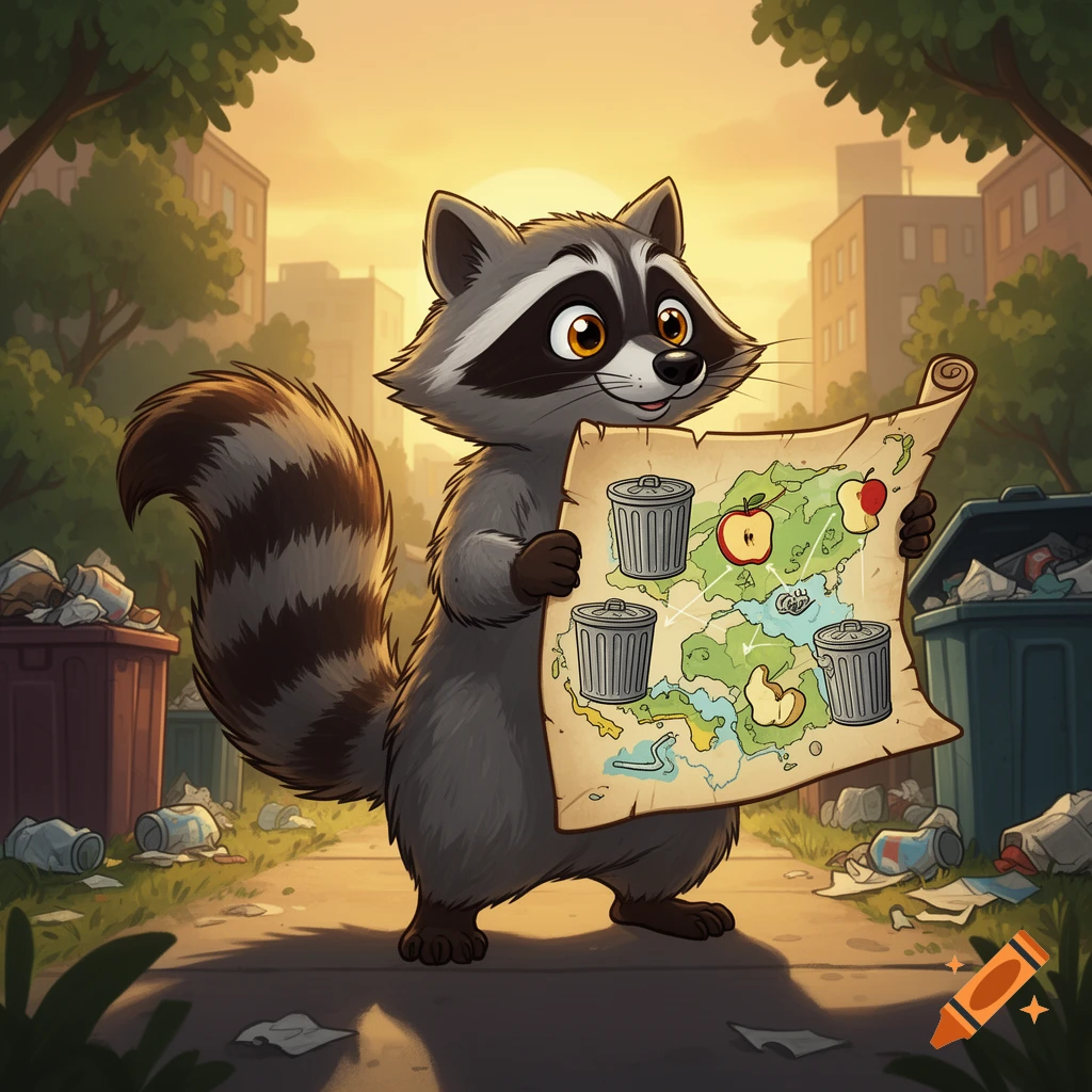 A smiling cartoon raccoon stands in a littered urban alley at sunset, holding a treasure map marked with trash cans and apple cores.