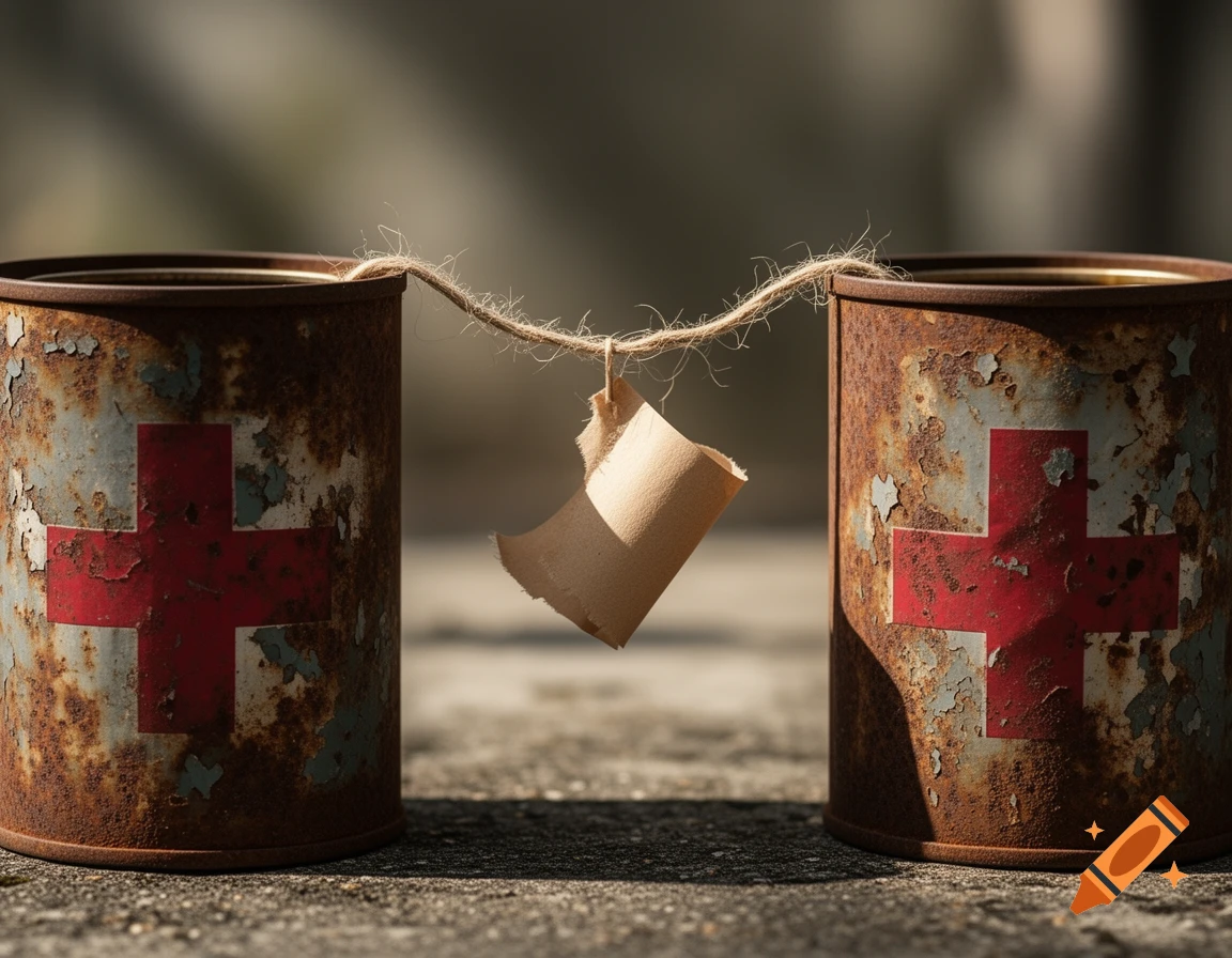 Two rusty metal cans with red cross symbols, connected by twine with a blank paper tag, photorealistic.
