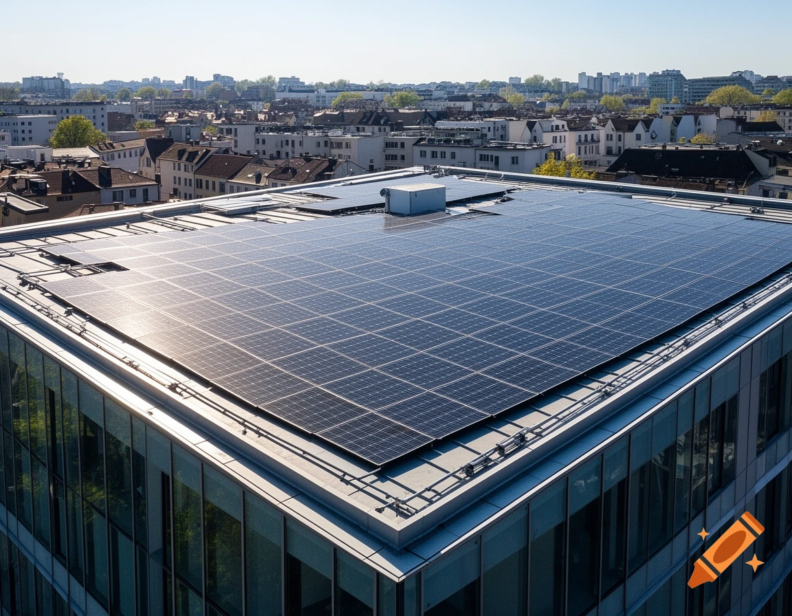 Aerial view of a modern building with a roof covered in solar panels, reflecting sunlight, against a city skyline.