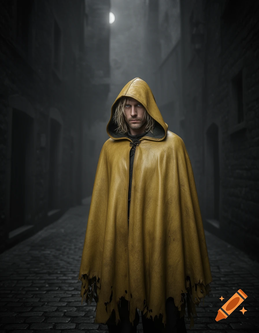 A blonde-haired man with grey eyes wears a tattered yellow hooded cape in a dark, foggy medieval alley.