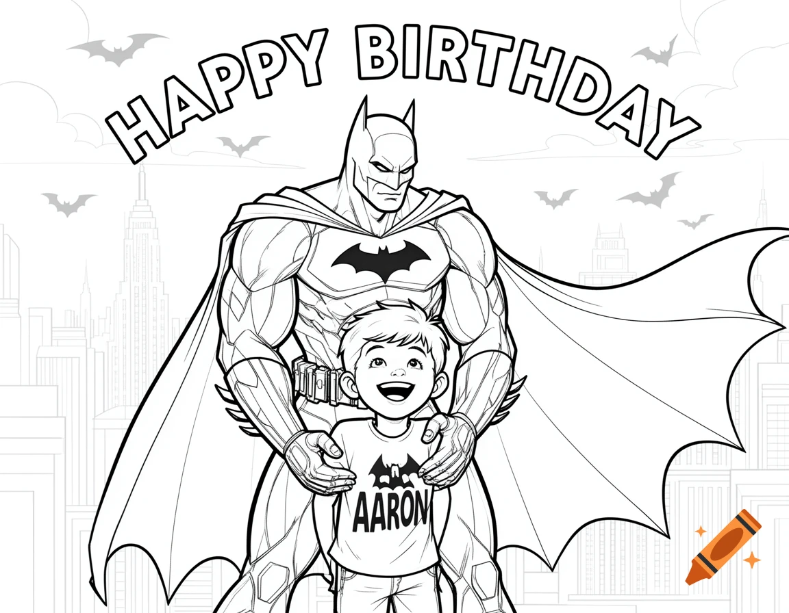 Black and white line art coloring page of Batman hugging a boy named Aaron, with 'Happy Birthday' text above a city skyline.