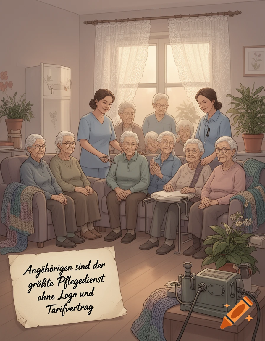 An illustration of caregivers with elderly people in a living room, a paper with German text is on the floor.