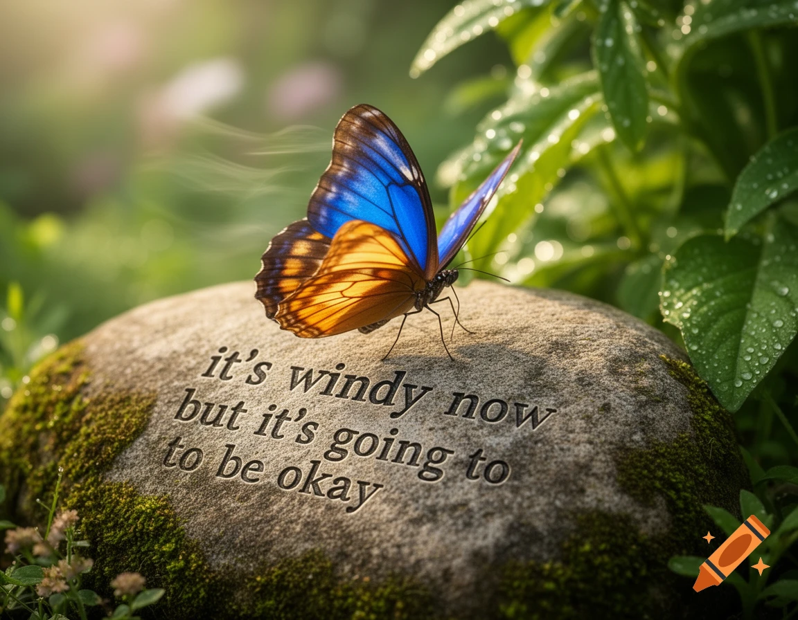 A vibrant blue and orange butterfly rests on a mossy stone engraved with the words "it's windy now but it's going to be okay" in a sunny, green garden.