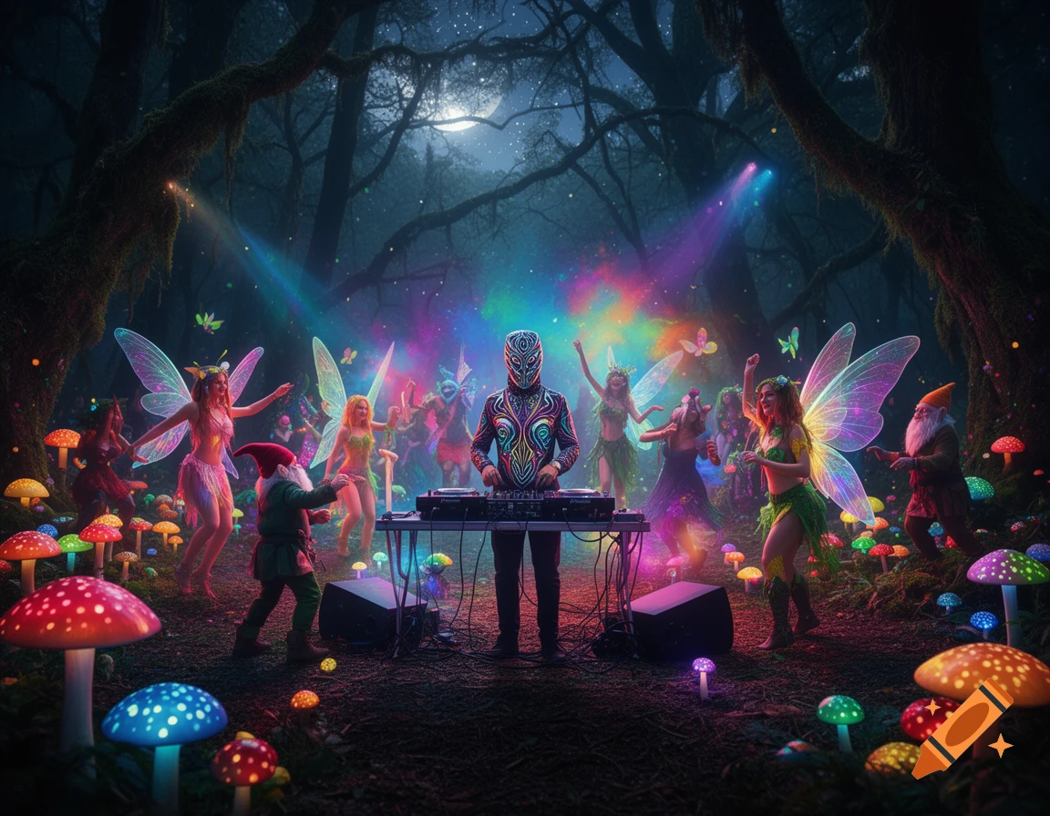 A DJ in a mask plays music in a magical forest at night, surrounded by dancing fairies, gnomes, and glowing psychedelic mushrooms under a full moon.