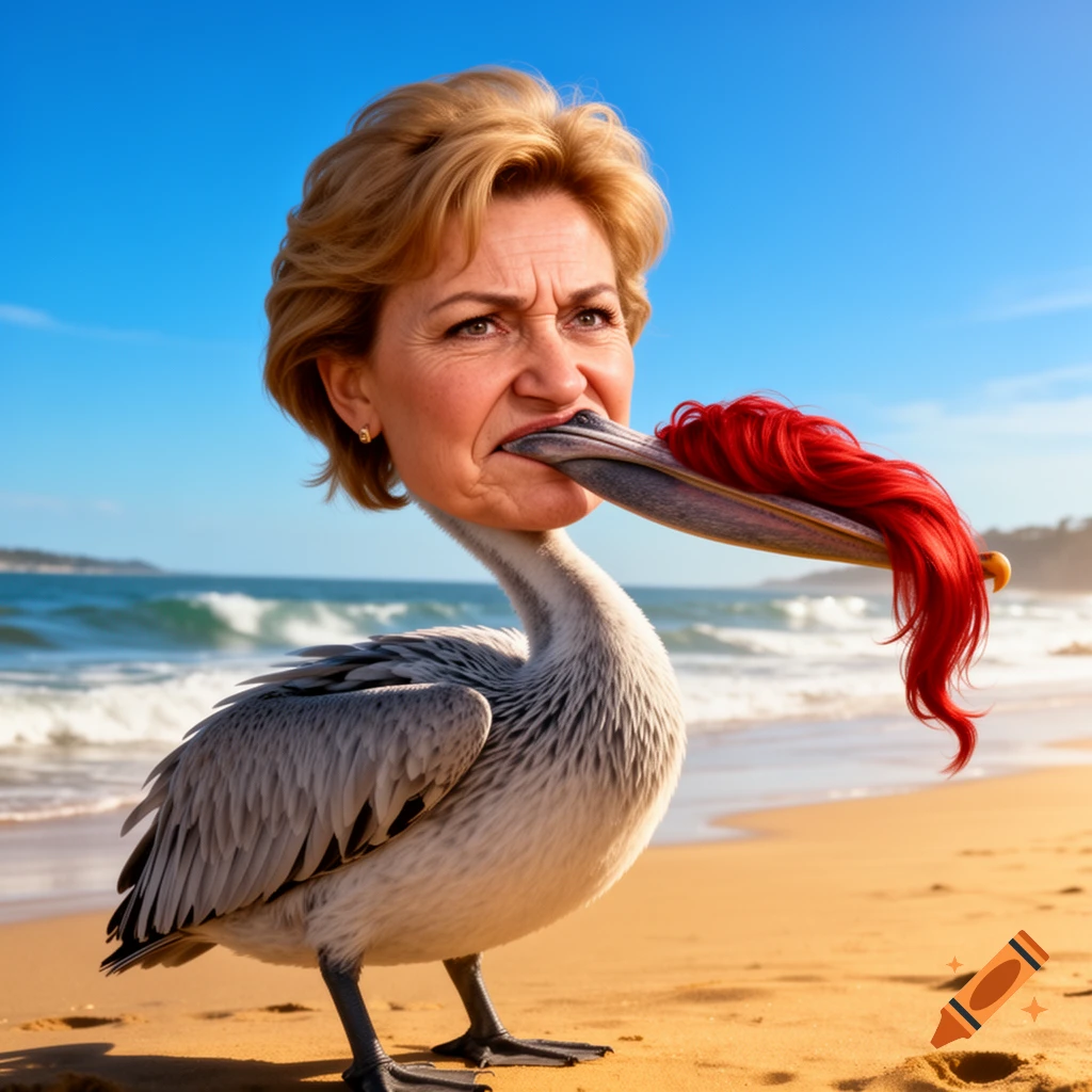 Photorealistic caricature of a pelican with a woman's frowning face, holding a red mullet hairstyle in its beak on a sunny beach.
