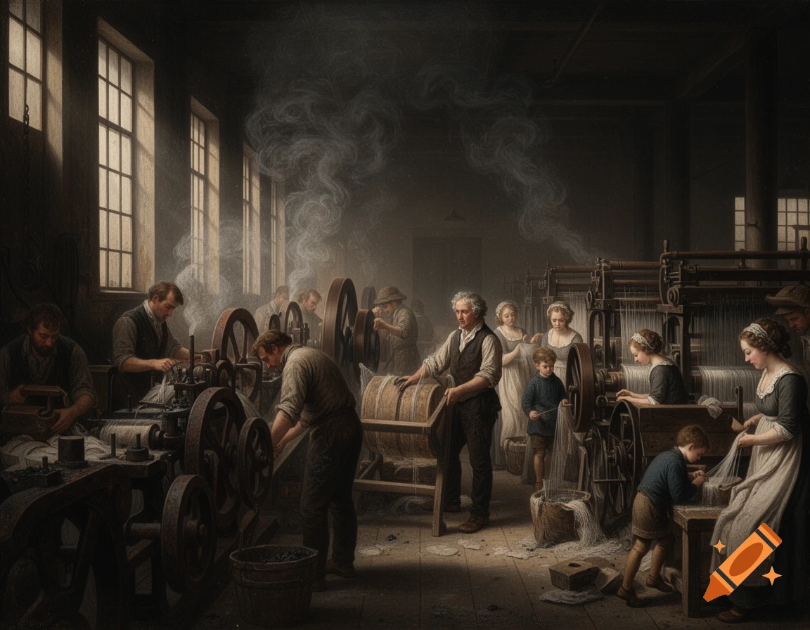 Historical realism painting of a dark 18th-19th century textile factory with men, women, and children working on machinery.
