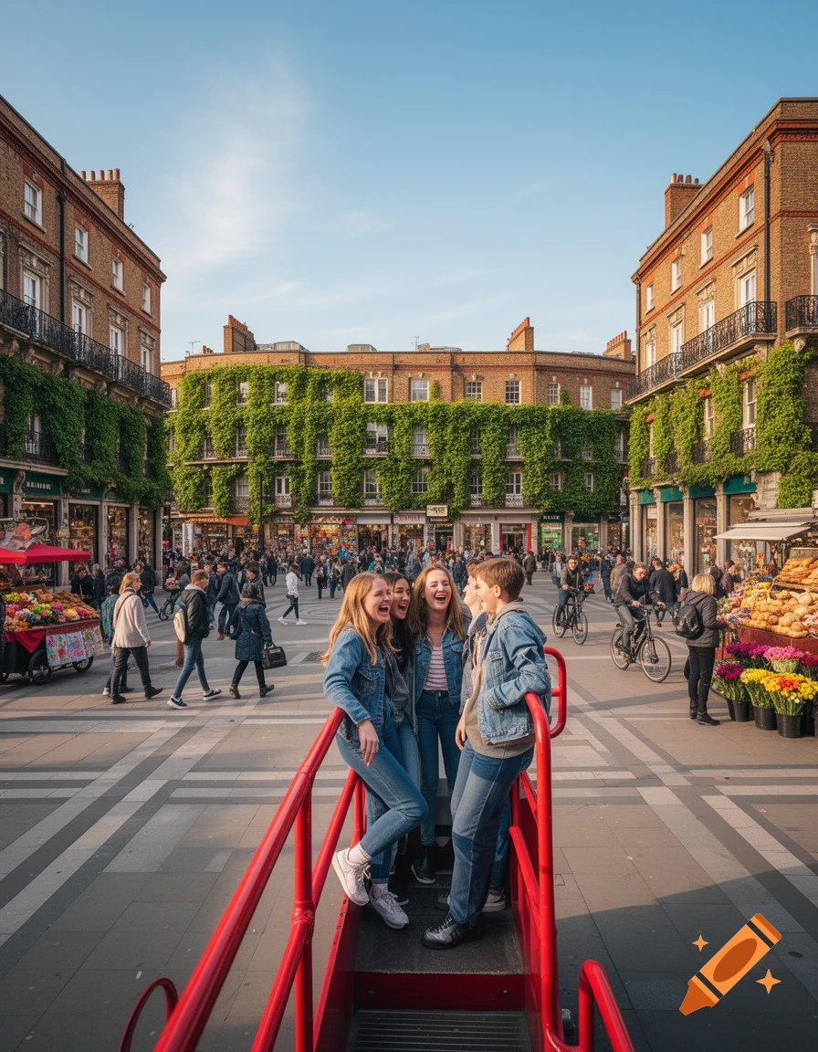 Three young people laugh on a red railing in a bustling street market with ivy-covered buildings under a clear sky.