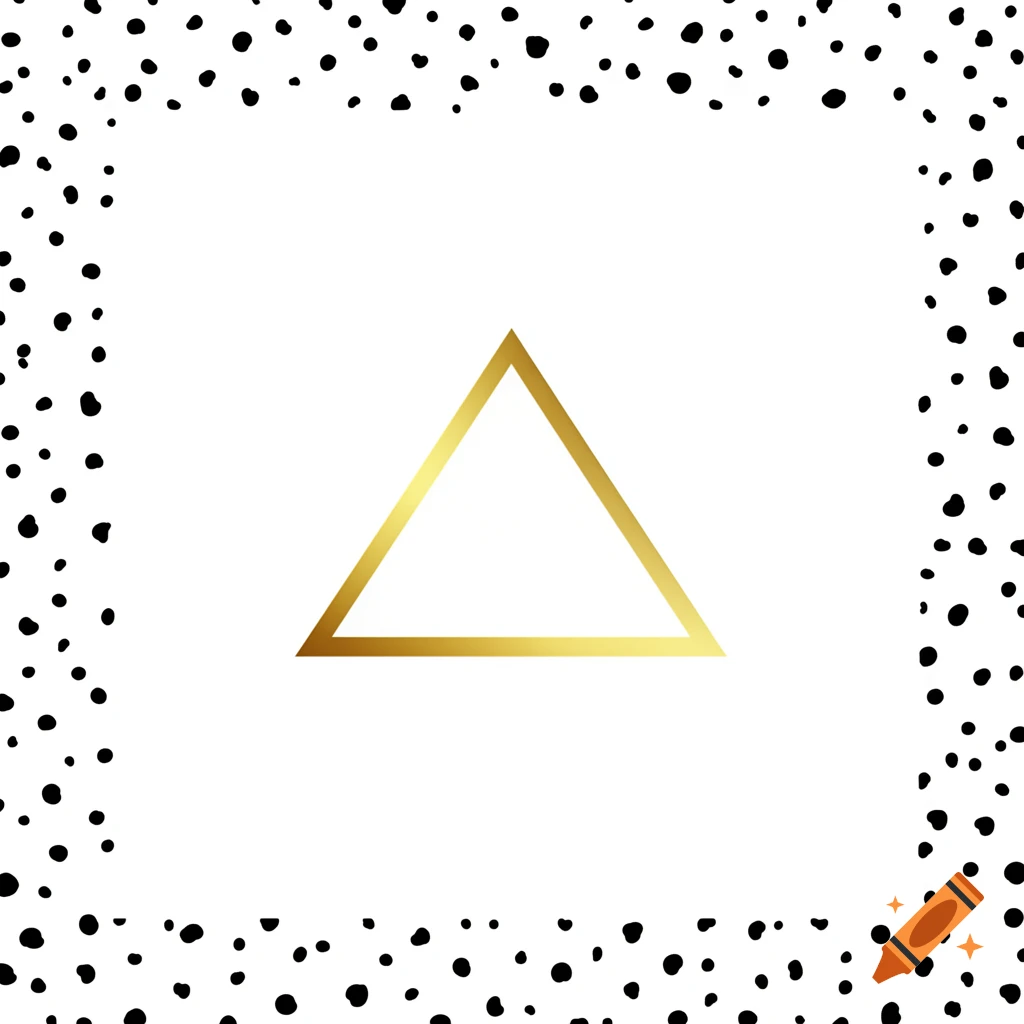 A minimalist graphic design featuring a gold outline triangle centered on a white background with a black irregular polka dot border.