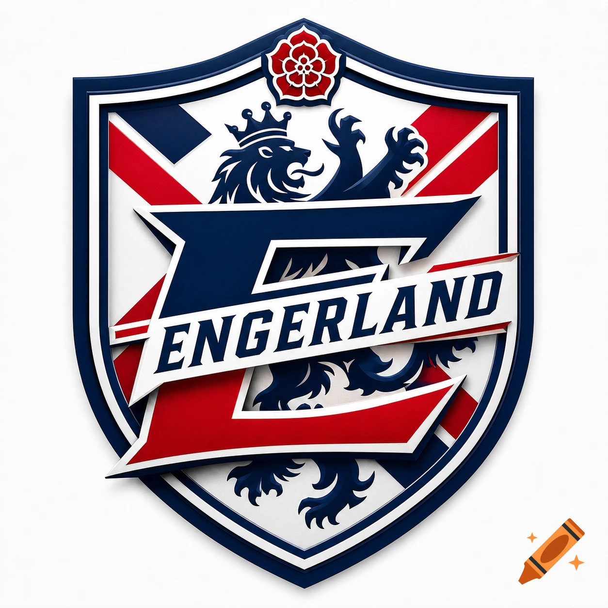 A blue, white, and red stylized crest featuring a crowned lion, a red rose, and the word 'ENGERLAND' across the center.