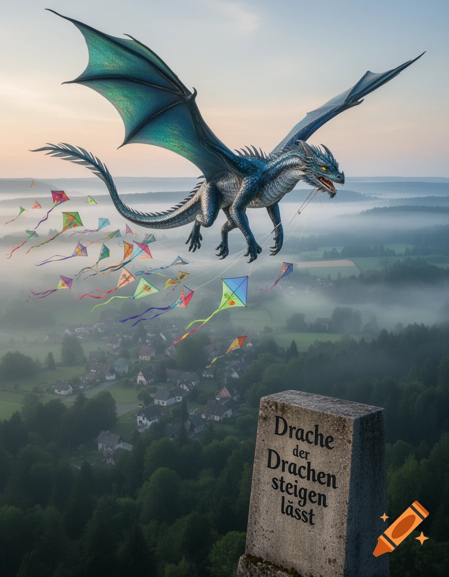 A blue dragon with spread wings flies over a misty village at sunrise, trailing many colorful kites, above a stone pillar with German text.