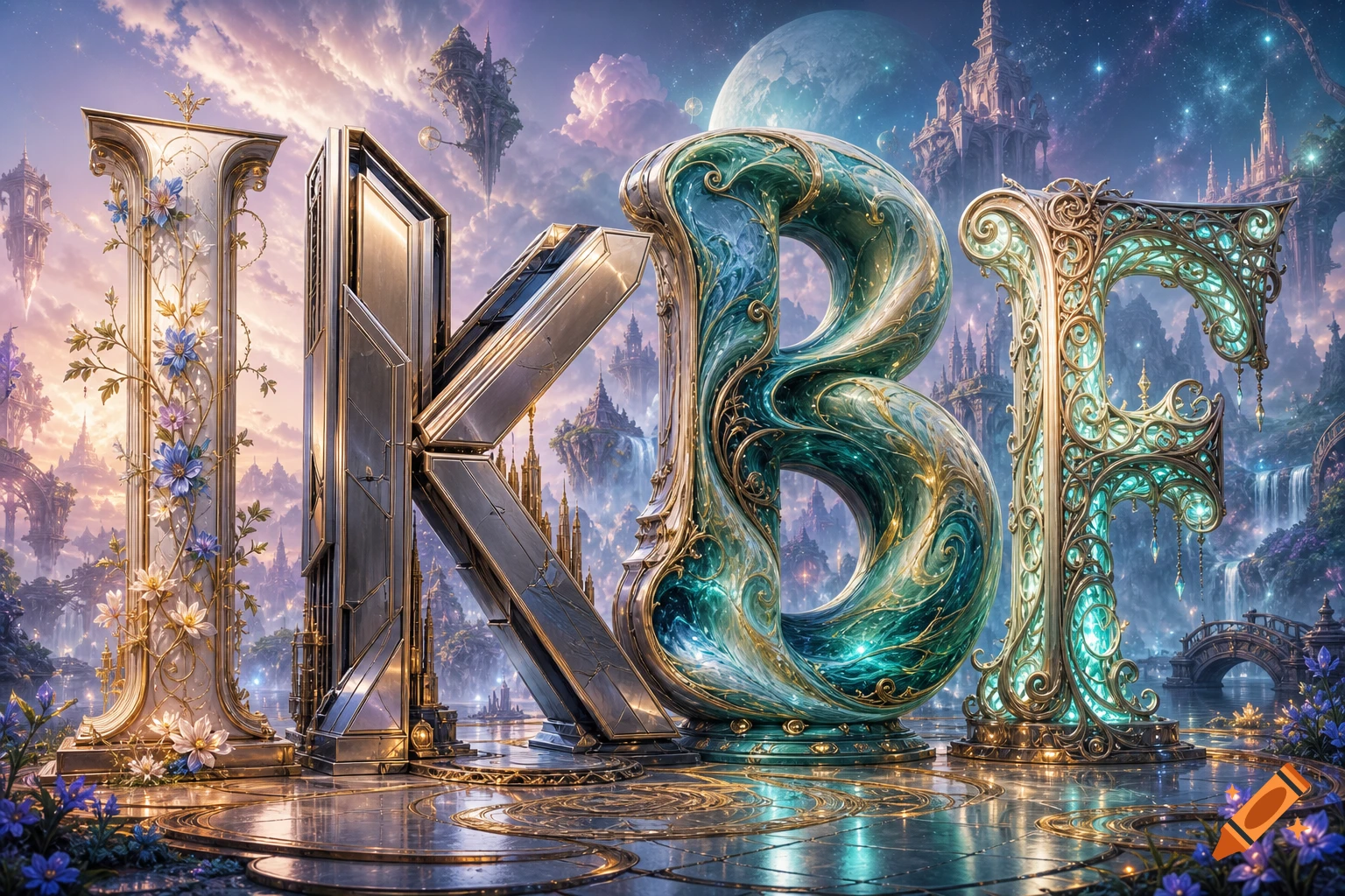 Ornate letters I, K, B, F stand in a majestic fantasy landscape with floating castles and a large moon.