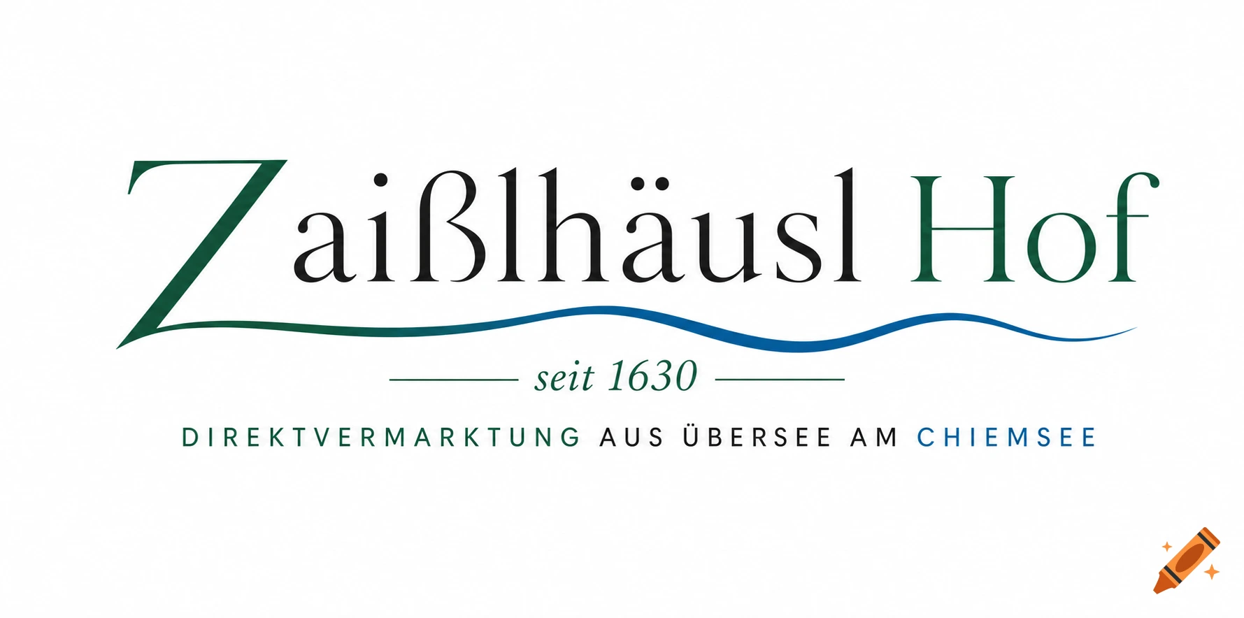 A logo for Zaißlhäusl Hof, featuring the name in green and black elegant script, with "seit 1630" and "Direktvermarktung aus Übersee am Chiemsee" below, accented by green and blue wavy lines.